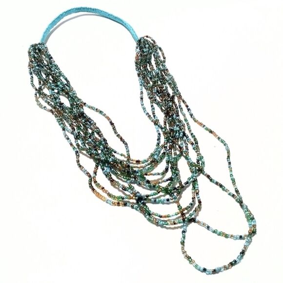 Vintage Hand Woven Turquoise & Gold Multi Strand Seed Bead Necklace - Picture 1 of 8
